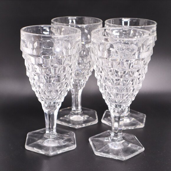 Fostoria American Clear Glass 6 7/8” Water Wine Goblets Hex Foot set of 4 vtg - Picture 1 of 10